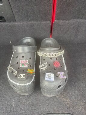 Black Embellished Platform Clogs with Decorative Charms